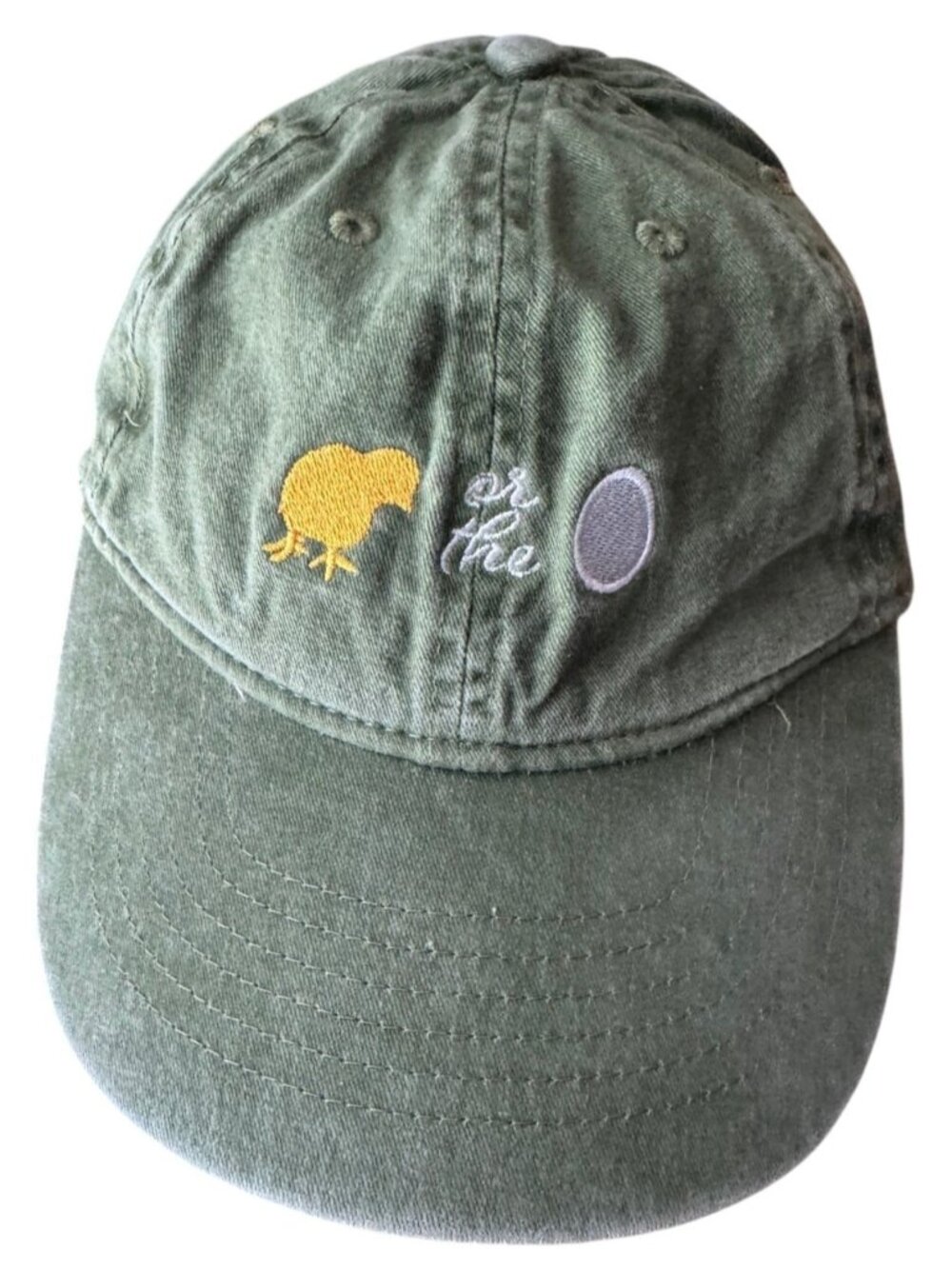 Green Cotton Baseball Cap With Embroidered Chick & Egg Design - Adjustable